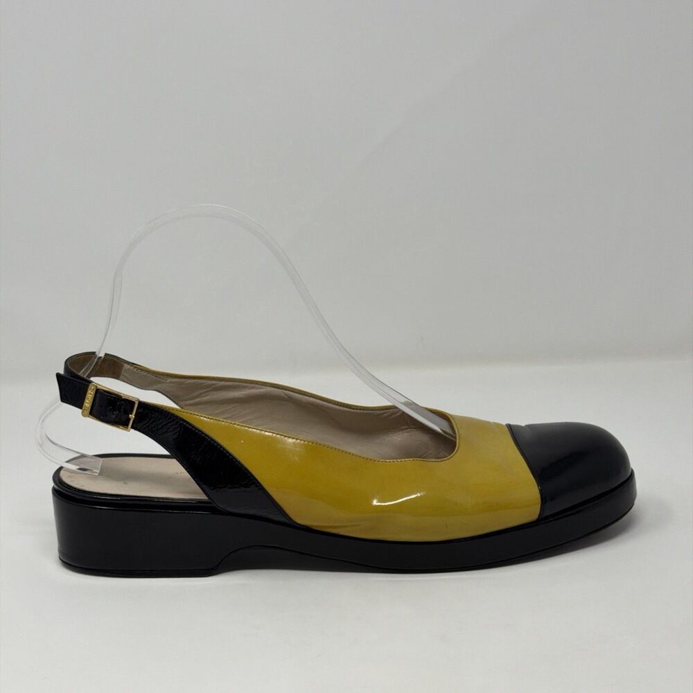 Chanel Vintage Slingback Heels Yellow Black Cap Toe Patent Leather EU 40 Italy - Picture 7 of 16